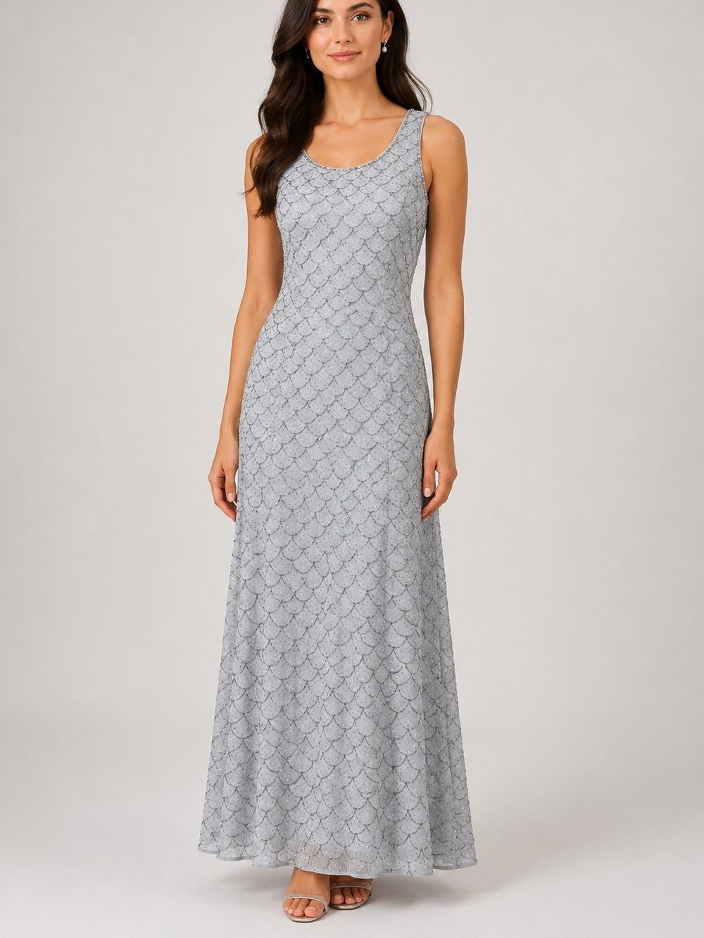 Lillie Rubin Beaded Silver Blue Maxi Gown Sleeveless Formal Dress 4 Vintage